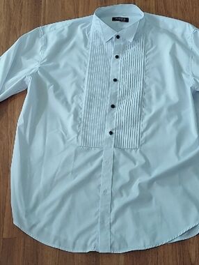 Men's White Pleated Front Dress Shirt with Black Buttons